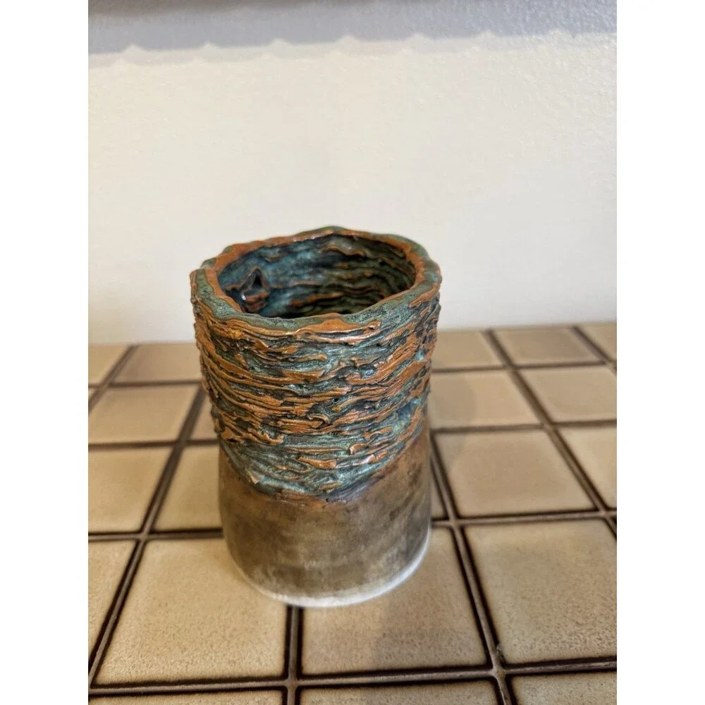 Signed JM Studio Art Pottery Vase Texture Bark Turquoise Brown Sculptural Vessel